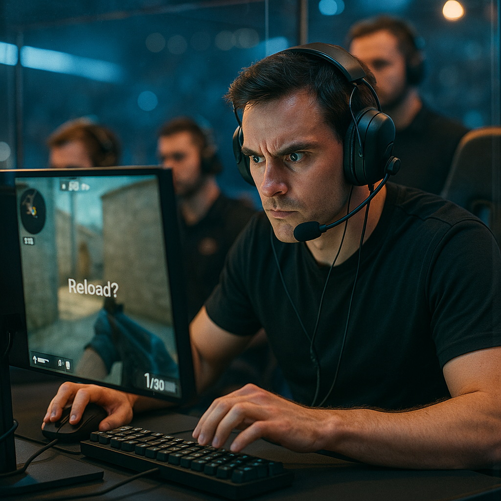 A pro CS2 player in an arena booth hesitates on a reload with low